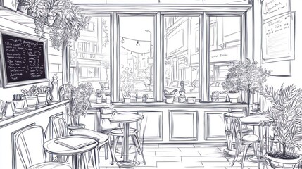Interior sketch of a cafe with city view. Possible use for Design inspiration, architecture visual
