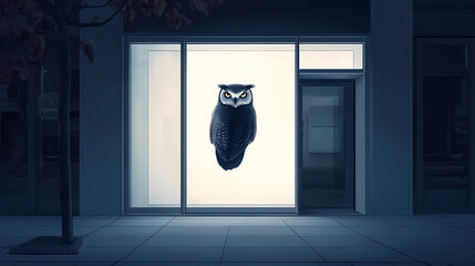 Light box on the store with opened automatic glass doors entrance mockup. Nocturnal - Owl. Illustration