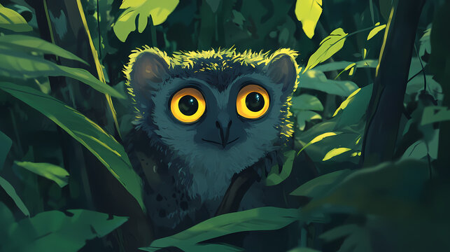 In the rainforest, an endearing lemur that is nocturnal can be seen peering out at dusk from amidst the foliage. Nocturnal - Owl. Illustration
