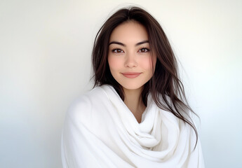 Young Woman in White Wrap Against Minimal Background