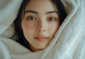Young Woman in White Wrap Against Minimal Background