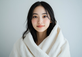 Young Woman in White Wrap Against Minimal Background