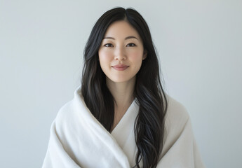 Young Woman in White Wrap Against Minimal Background