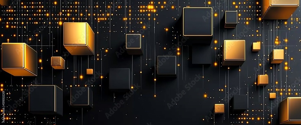 Poster abstract 3d rendering of gold and black cubes on a circuit board.