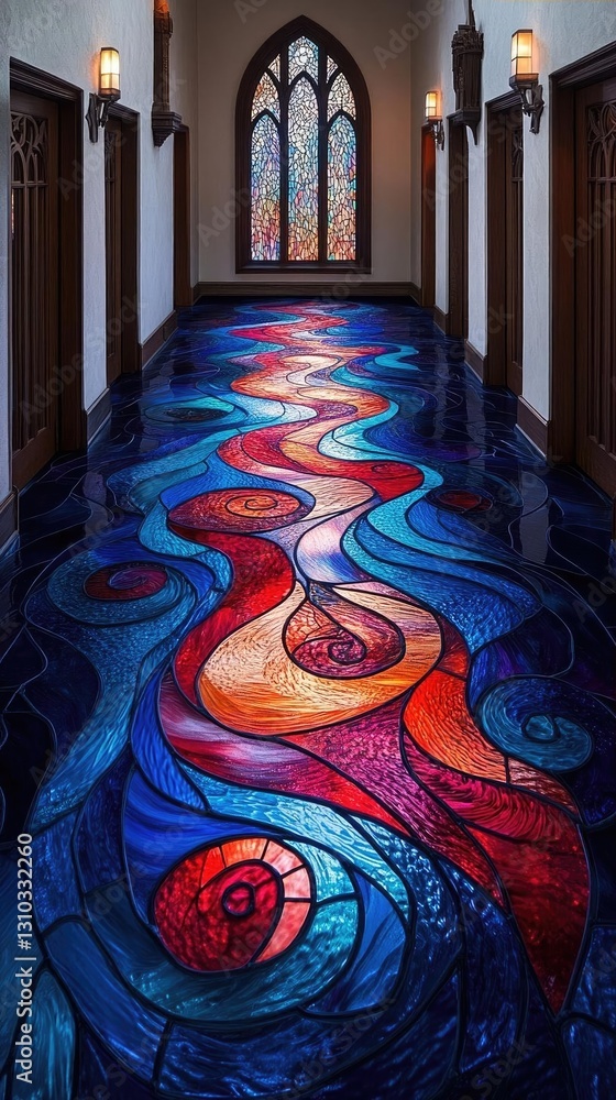 Poster vibrant stained glass corridor with colorful floor design and intricate window patterns