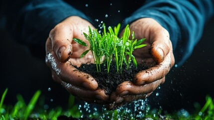 Hands holding sprouting plants, watering, nature scene