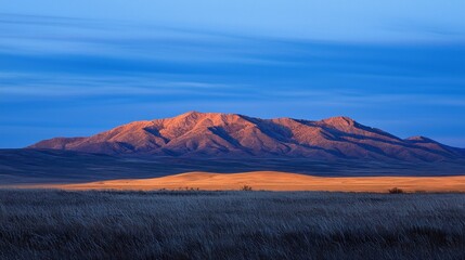 Sunset illuminating a mountain range over a vast prairie.
