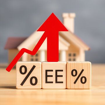 Wooden blocks percentage sign, arrow up and down with house model background. Central bank FED control interest rate increase or decrease effect to house price, monthly payment, buying home concept.