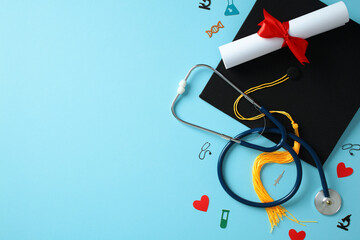 Medical graduation essentials: stethoscope, cap, diploma, and scattered medical icons. Ideal for...