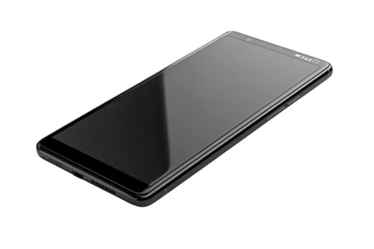 Modern smartphone resting on a flat surface reflecting soft light at a neutral angle