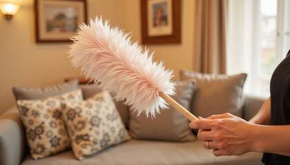 Person cleaning with a feather duster in a cozy living room