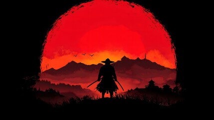Fototapeta premium Warrior Silhouette against sunset: A silhouette of a lone warrior stands on a hilltop, two swords at the ready, set against a dramatic backdrop of a fiery sunset and mountains.
