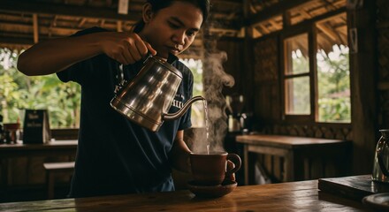 Barista pouring hot coffee in rustic cafe