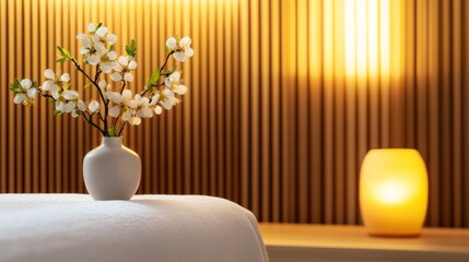 Serene interior scene featuring a vase of flower on a table with warm lighting and wooden accents