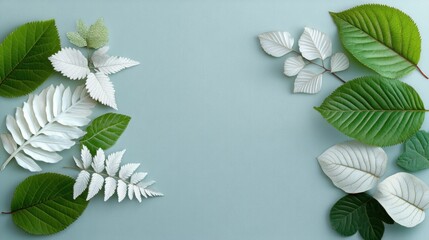 Obraz premium Pastel green and white leaves border on light blue background