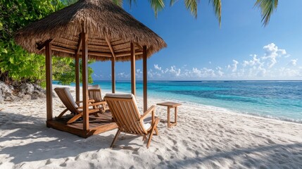 Tropical beach gazebo with lounge chairs, ocean view