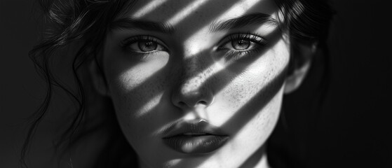 Dramatic Shadow Stripes: Black and White Portrait