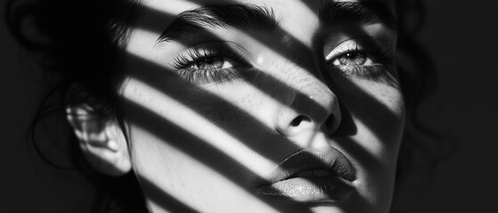 Dramatic Shadow Stripes: Black and White Portrait