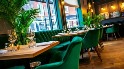 Elegant restaurant interior with green seating, tables set for dining, and urban backdrop visible