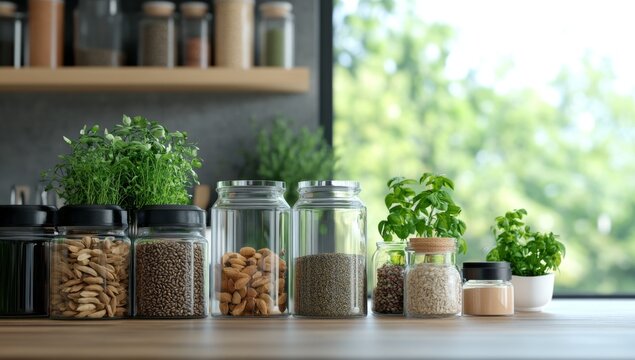 Kitchen spices and herbs on wooden countertop