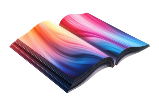 Vibrant open book with colorful abstract pages resembling waves of paint in a creative setting