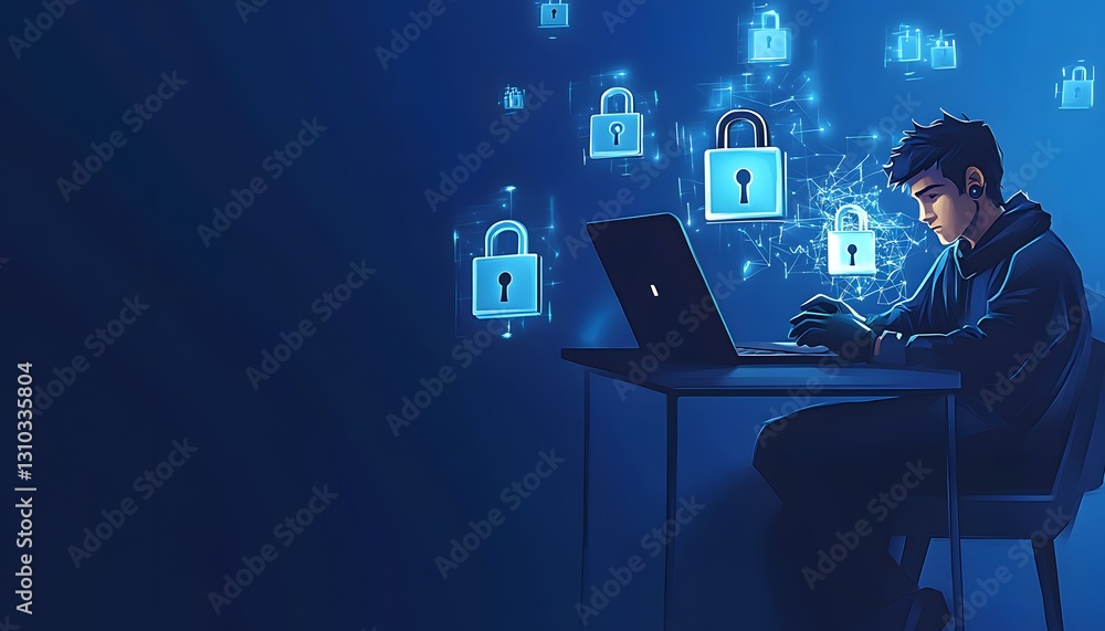 Poster hacker working on laptop with digital locks surrounding him