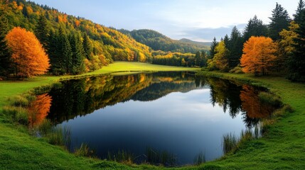 Autumnal lake reflections in a valley landscape