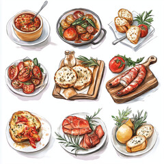 food, collage, meal, salad, meat, tomato, dish, plate, restaurant, cuisine, set, dinner, chicken, cake, soup, lunch, healthy, gourmet, cheese, vegetable, pasta, fish, breakfast, diet, menu, pizza, ita