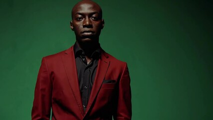 A sharply dressed man in a red suit stands confidently against a moody green background, exuding sophistication and charisma.