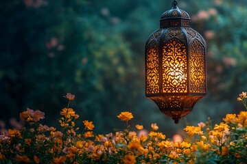 Ornate Glowing Lantern Surrounded by Vibrant Orange Flowers

