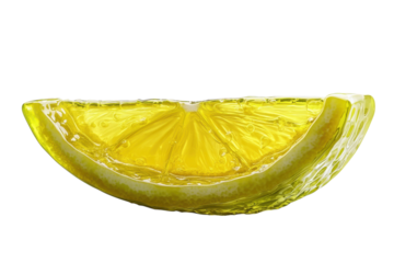 Fresh lemon slice glistening with a vibrant yellow hue sits against a clean white background