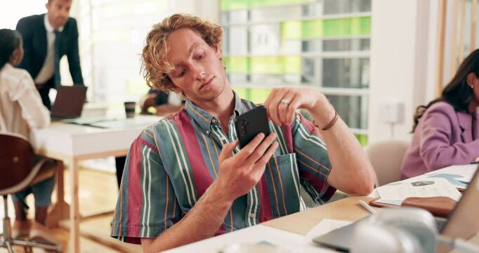 Bored, university and scroll with man and phone for research project, college news and learning app. Tired, scholarship application and mobile with person or student at school for classroom schedule