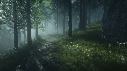 Obraz premium Misty forest path winding uphill through tall trees and lush green grass.