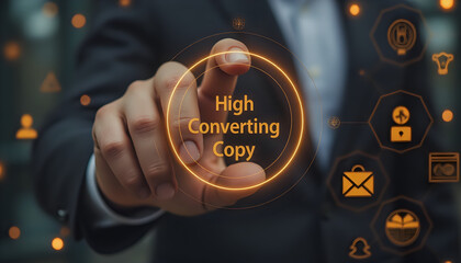 a man touching a high converting copy icon.