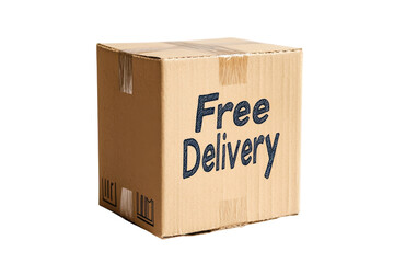 Cardboard box with free delivery label ready for shipping at a logistics facility in daylight
