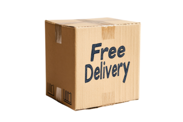 Cardboard box with free delivery label ready for shipping at a logistics facility in daylight