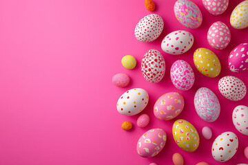 Easter eggs background on a flat surface, perfect for a gift card.