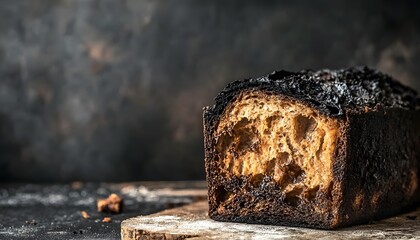 A Burnt Loaf Of Bread Sits On A Wooden Board