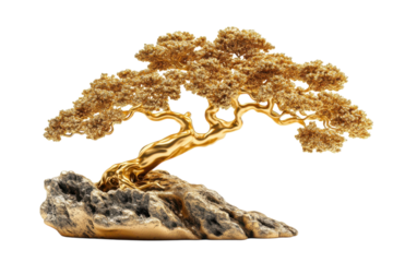 Elegant golden bonsai tree sculpture on a rocky base creates a stunning centerpiece for home decor