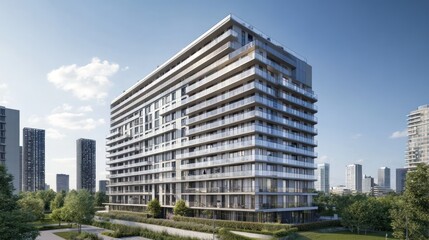 Fototapeta premium A modern multi story apartment building sits under a sunny sky