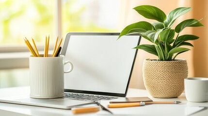 Home office workspace with laptop, pencils, and plant