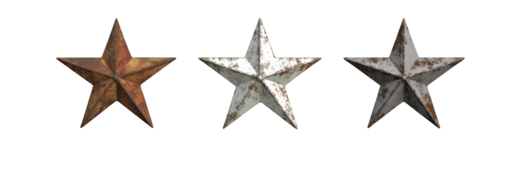 3D rendering of three old, rustic metal stars isolated on a white background