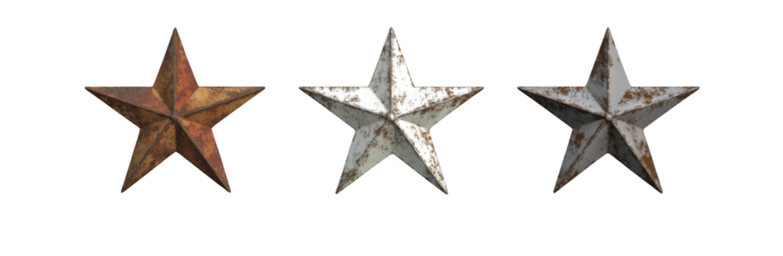 3D rendering of three old, rustic metal stars isolated on a white background
