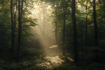 Obraz premium Sunlight Piercing the Misty Forest