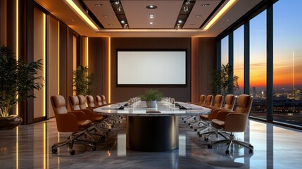Fototapeta premium Modern conference room with city view, empty meeting space