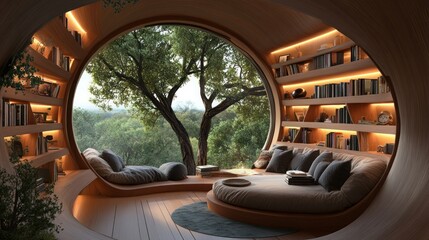 Fototapeta premium Wooden Reading Nook with Forest View
