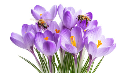 Honey Bees Pollinating Purple Crocus Flowers &ndash; Transparent Background

