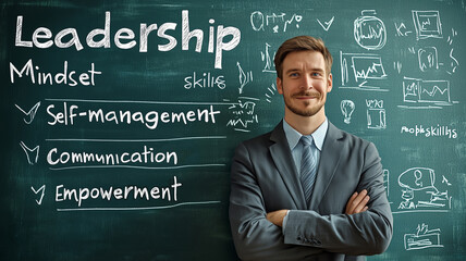 Positive and humorous cartoon of a confident leader engaging an audience