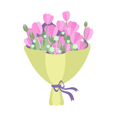 Pink and blue bouquets of flower (Tulip) on white background. Vector illustration. Beautiful, spring bouquet of pink tulips. Greeting card, spring postcard.