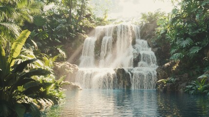 Fototapeta premium Sunlit waterfall cascading into a tranquil pool surrounded by lush tropical foliage.